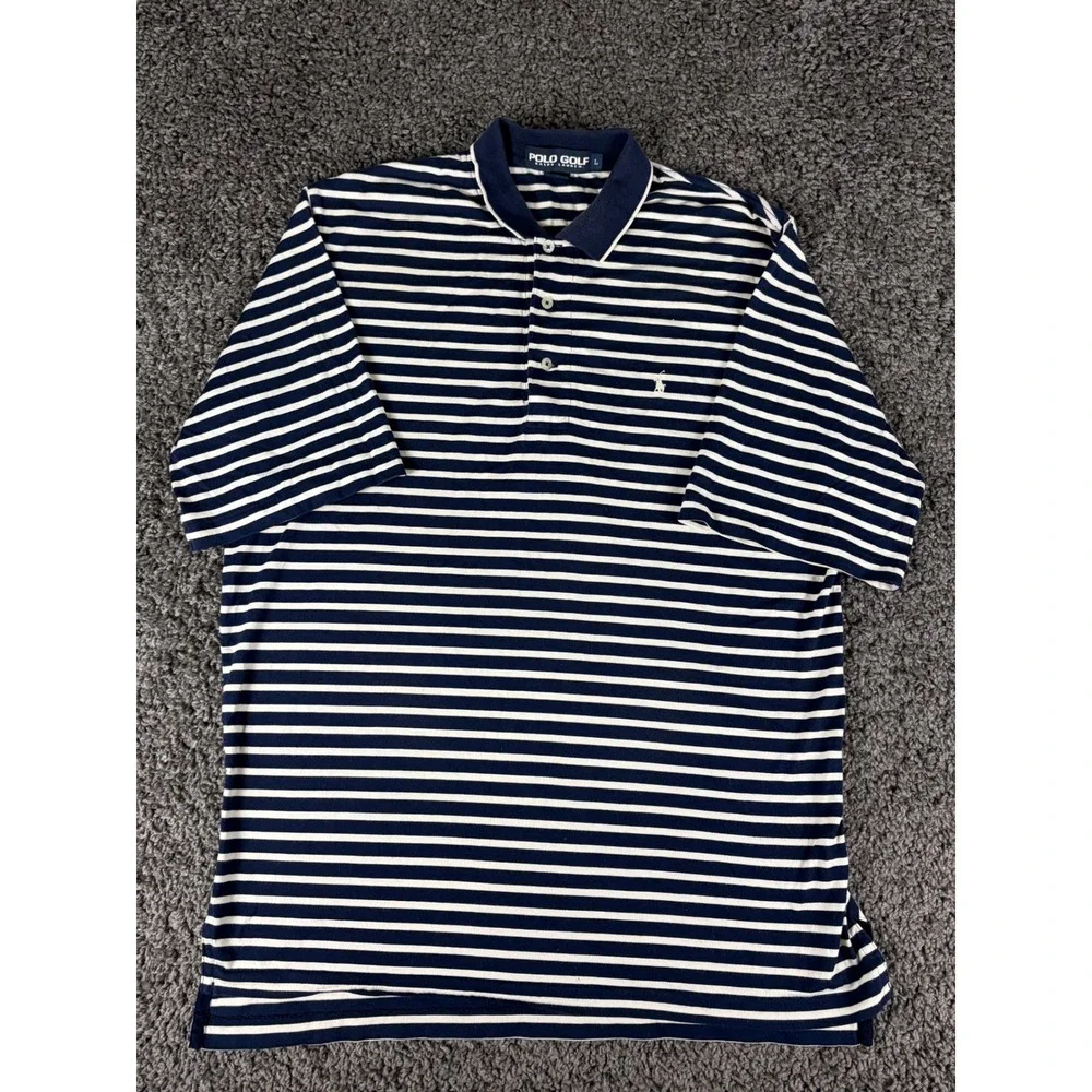 Vintage 90s Polo Golf Ralph Lauren Striped Polo Shirt Navy Blue White Mens L